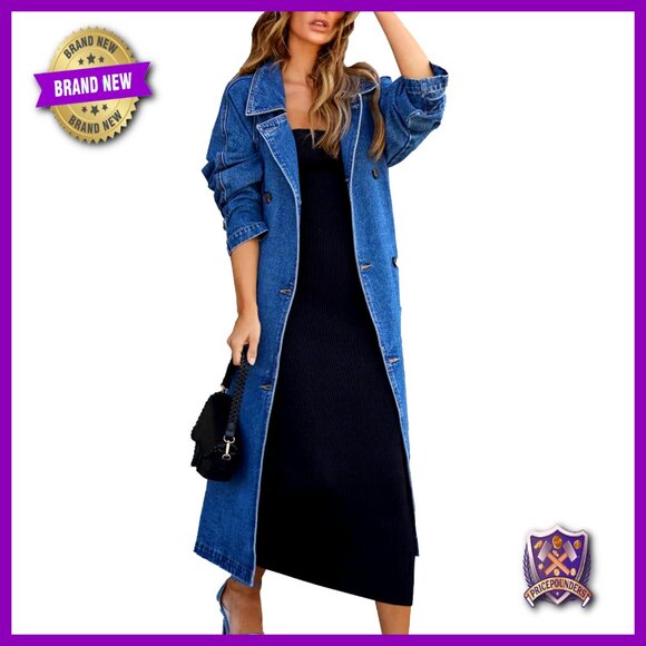 Vintage Denim Trench Coat Oversized Double Breasted Classic Retro Chic